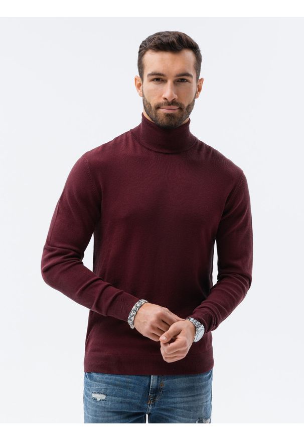 Ombre Clothing - Sweter męski z golfem - bordowy V4 E179 - XXL. Typ kołnierza: golf. Kolor: czerwony. Materiał: nylon, wiskoza