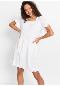 Sukienka shirtowa z falbanami bonprix biały. Kolor: biały. Sezon: lato. Długość: midi #7