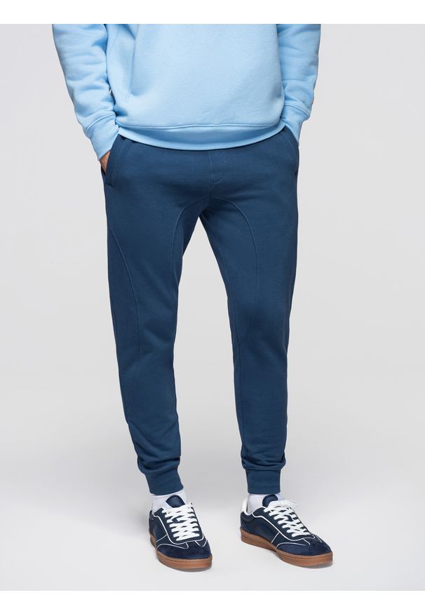 Ombre Clothing - Spodnie męskie dresowe ze ściągaczem przy nogawce BASIC jogger - granatowe V4 - Rozmiar: L. Okazja: na spacer, na co dzień, do domu. Kolor: niebieski. Materiał: dresówka. Wzór: jednolity, gładki, aplikacja. Styl: casual