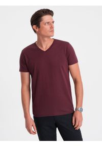 Ombre Clothing - Męska klasyczna bawełniana koszulka z dekoltem w serek BASIC - bordowa V9 OM-TSBS-0145 - XXL. Typ kołnierza: dekolt w serek. Kolor: czerwony. Materiał: bawełna. Styl: klasyczny