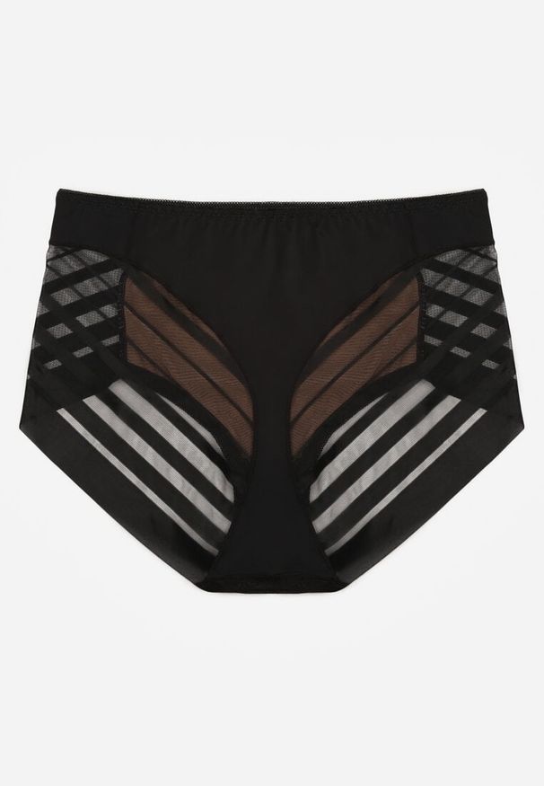 Renee - Czarno-Beżowe Siateczkowe Majtki Figi High Waist z Koronkowymi Zdobieniami Heylih. Stan: podwyższony. Kolor: czarny. Materiał: koronka. Wzór: aplikacja