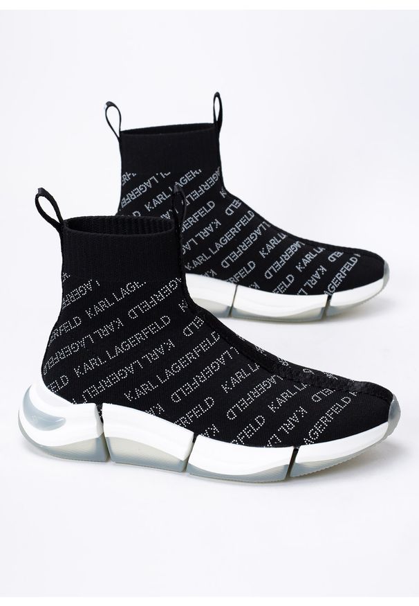 Sneakersy damskie czarne Karl Lagerfeld QUADRA Repeat Logo Knit Boot. Okazja: do pracy, na spacer, na co dzień. Kolor: czarny. Sport: turystyka piesza