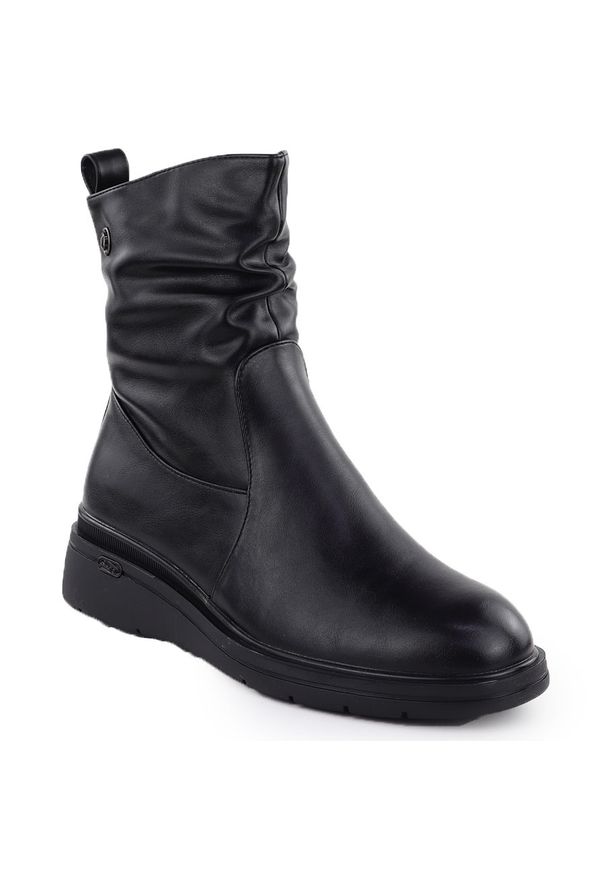 Botki damskie na koturnie czarne Vinceza 26-58557. Kolor: czarny. Materiał: skóra ekologiczna. Obcas: na koturnie. Styl: elegancki