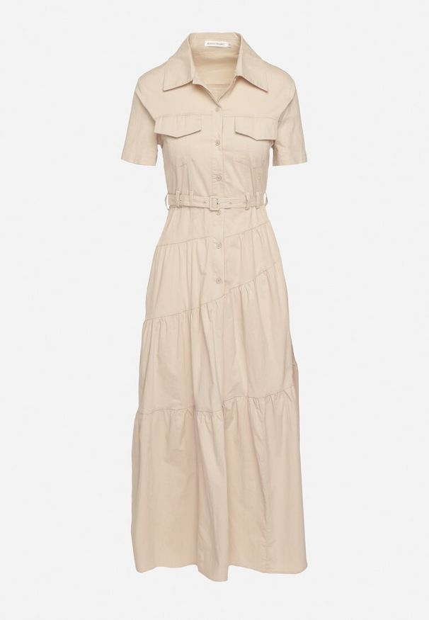 Born2be - Beżowa Taliowana Sukienka z Bawełny w Koszulowym Stylu z Imitacją Kieszeni Masefia. Okazja: na co dzień. Kolor: beżowy. Materiał: bawełna. Wzór: aplikacja. Typ sukienki: koszulowe. Styl: casual, elegancki, wizytowy