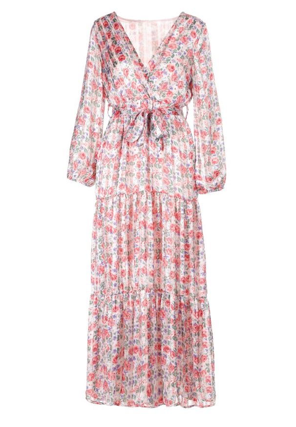 Born2be - Różowa Sukienka Qinrahne. Typ kołnierza: kokarda. Kolor: różowy. Materiał: materiał. Wzór: aplikacja, kwiaty. Typ sukienki: rozkloszowane, kopertowe. Długość: maxi