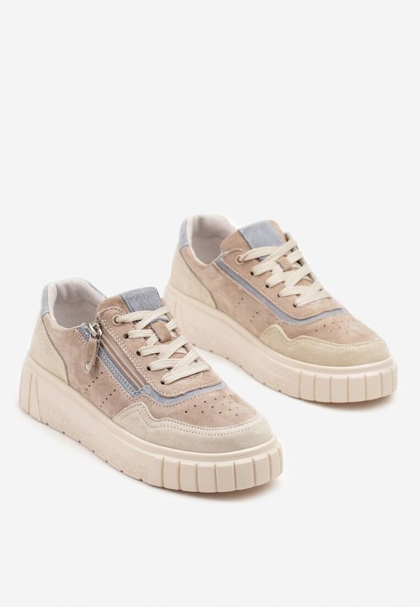 Renee - Beżowo-Niebieski Streetwearowe Sneakersy ze Skóry Naturalnej z Ozdobnym Suwakiem Eleavenna. Okazja: na co dzień. Zapięcie: sznurówki. Kolor: beżowy. Materiał: skóra. Obcas: na obcasie. Wysokość obcasa: niski