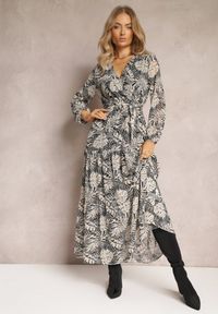 Renee - Szara Sukienka Maxi z Kopertowym Dekoltem i Gumką w Talii Srinika. Kolor: szary. Wzór: nadruk. Sezon: lato, wiosna. Typ sukienki: kopertowe. Długość: maxi