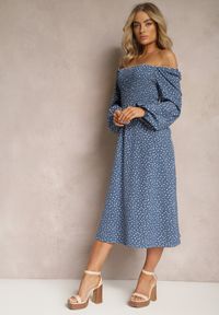 Renee - Granatowa Midi Sukienka Rozkloszowana w Kropki Gernia. Kolor: niebieski. Wzór: kropki. Styl: elegancki. Długość: midi #2