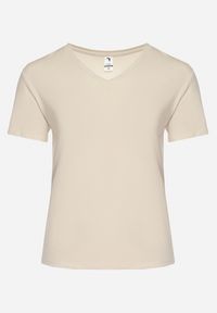 Born2be - Beżowy T-shirt z Trójkątnym Dekoltem i Krótkimi Rękawami Hibiscua. Kolekcja: plus size. Kolor: beżowy. Materiał: bawełna. Długość rękawa: krótki rękaw. Długość: krótkie #5