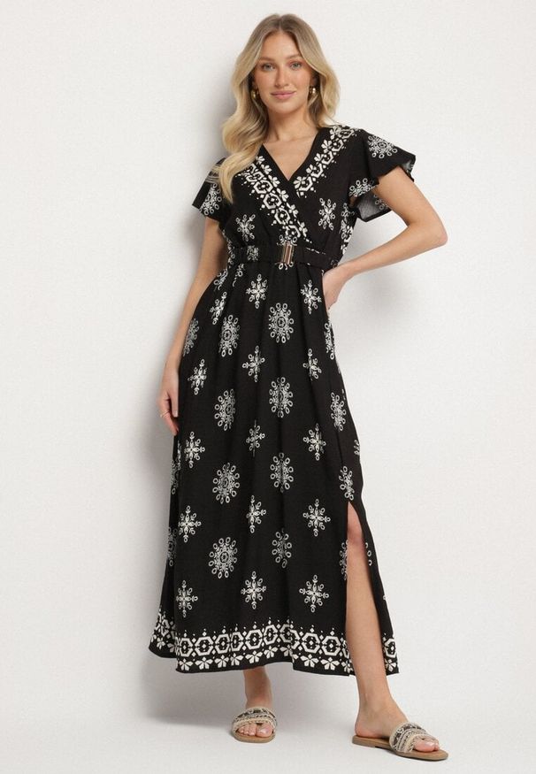 Born2be - Czarna Sukienka w Ornamentalny Wzór z Elastycznym Paskiem Tosvanna. Okazja: na co dzień. Kolor: czarny. Długość rękawa: krótki rękaw. Wzór: aplikacja. Typ sukienki: kopertowe, proste. Styl: klasyczny, casual, elegancki