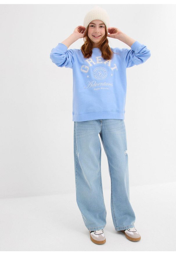 bonprix - Bluza z czystej bawełny organicznej. Kolor: niebieski. Materiał: bawełna. Wzór: napisy