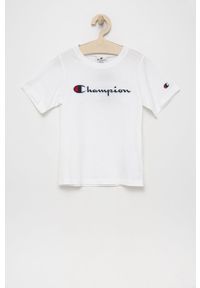 Champion t-shirt bawełniany dziecięcy kolor biały. Kolor: biały. Materiał: bawełna. Długość rękawa: krótki rękaw. Długość: krótkie. Wzór: aplikacja