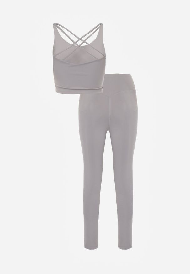 Born2be - Szary Komplet Sportowy Top z Uszytywnianymi Miseczkami i Legginsy z Wysokim Stanem Kassinna. Kolor: szary. Wzór: geometria
