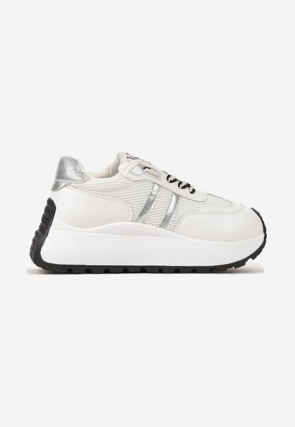 Born2be - Białe Sznurowane Sneakersy Vices na Grubej Podeszwie z Metaliczną Wstawką Nelenia. Okazja: na spacer, na co dzień. Kolor: biały. Materiał: jeans. Sport: turystyka piesza
