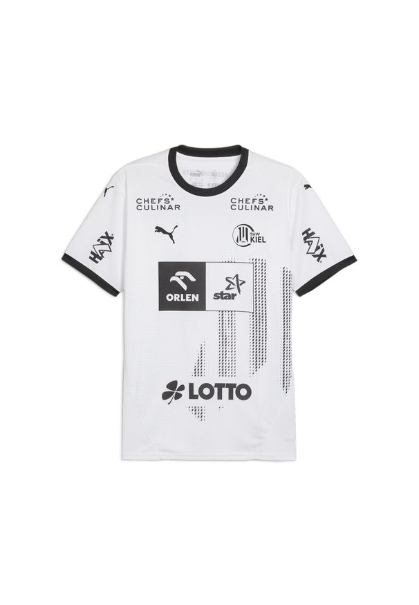 Puma - Męska koszulka domowa THW Kiel 24/25 PUMA White Black. Kolor: biały, czarny, wielokolorowy. Materiał: żakard, materiał. Wzór: aplikacja