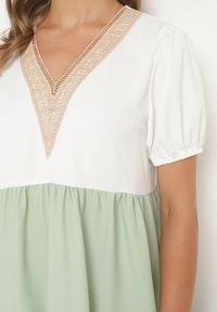 Born2be - Beżowo-Zielona Pudełkowa Sukienka z Haftem przy Dekolcie Moetta. Kolor: beżowy. Wzór: haft #2