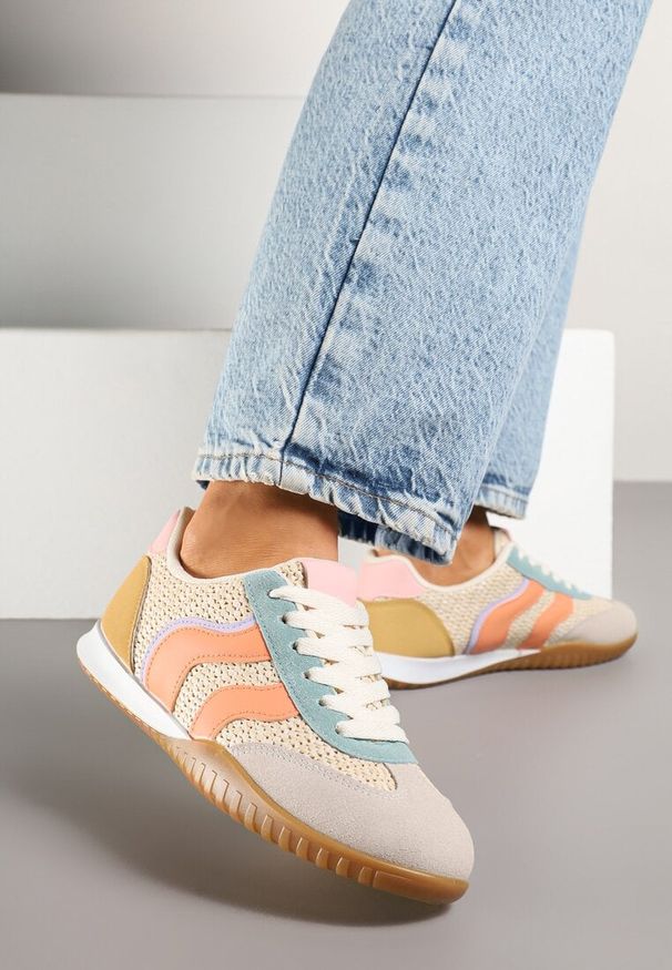 Born2be - Beżowo-Pomarańczowe Sneakersy Ozdobione Plecionką i Geometrycznym Wzorem Aniffia. Okazja: na co dzień. Kolor: beżowy. Wzór: aplikacja, geometria