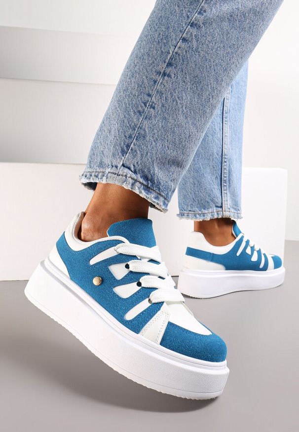 Renee - Biało-Niebieskie Sneakersy na Grubej Podeszwie przed Kostkę Alisis. Wysokość cholewki: przed kostkę. Kolor: biały