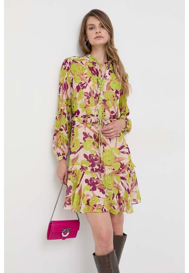 Pinko sukienka kolor zielony mini rozkloszowana. Kolor: zielony. Materiał: materiał. Długość: mini