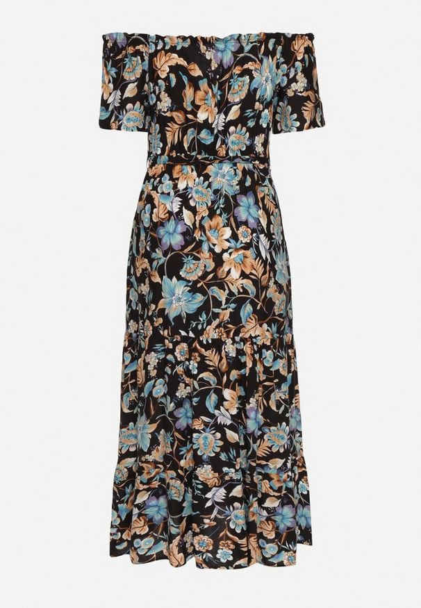 Born2be - Czarno-Niebieska Sukienka z Hiszpańskim Dekoltem z Wiązanym Paskiem w Kwiaty z Bawełny Rissanique. Okazja: na co dzień. Kolor: czarny. Materiał: bawełna. Wzór: kwiaty. Sezon: lato. Typ sukienki: rozkloszowane. Styl: casual, elegancki