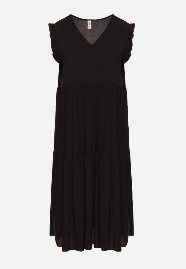 Born2be - Czarna Bawełniana Sukienka Ozdobiona Falbankami Aveliova. Okazja: na co dzień, na spacer, na imprezę. Typ kołnierza: kołnierz z falbankami. Kolor: czarny. Materiał: bawełna. Wzór: aplikacja. Typ sukienki: proste. Styl: elegancki, casual. Długość: midi