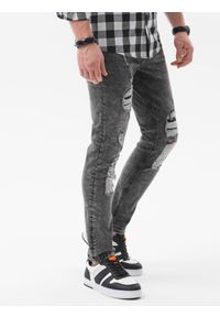 Ombre Clothing - Spodnie męskie jeansowe z dziurami SLIM FIT - szare V2 P1065 - XXL. Kolor: szary. Materiał: jeans
