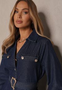 Renee - Granatowa Wiskozowa Sukienka Koszulowa z Bawełną Ozdobiona Paskiem Halanoria. Kolor: niebieski. Materiał: bawełna, wiskoza. Wzór: aplikacja. Typ sukienki: koszulowe. Styl: klasyczny, elegancki