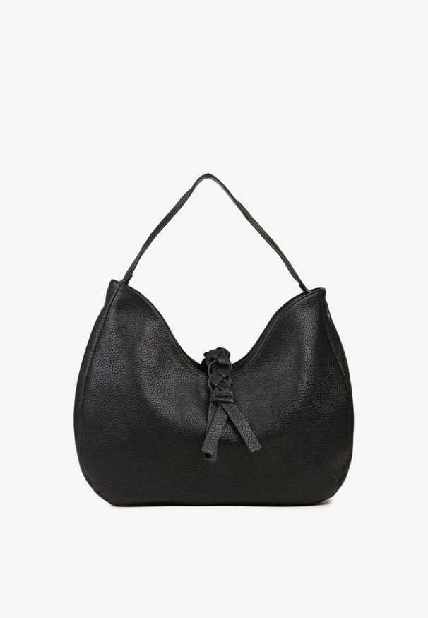 Renee - Czarna Torebka Hobo Shopper Ozdobiona Plecionką Nalorella. Kolor: czarny. Wzór: aplikacja. Styl: biznesowy, casual, boho