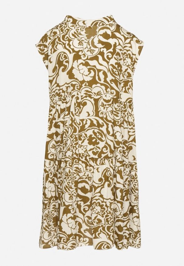 Born2be - Ciemnozielona Bawełniana Sukienka o Kroju Oversize w Ornamentny Wzór Izelona. Okazja: na co dzień. Kolor: zielony. Materiał: bawełna. Typ sukienki: oversize. Styl: klasyczny, casual