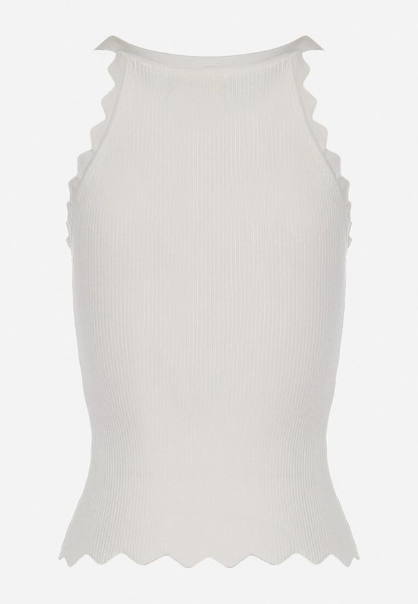 Born2be - Biały Klasyczny Top z Prążkowanego Materiału z Wiskozą i Ozdobnym Wykończeniem Grunvia. Okazja: do pracy, na co dzień. Kolor: biały. Materiał: wiskoza, materiał, prążkowany. Sezon: lato. Styl: klasyczny