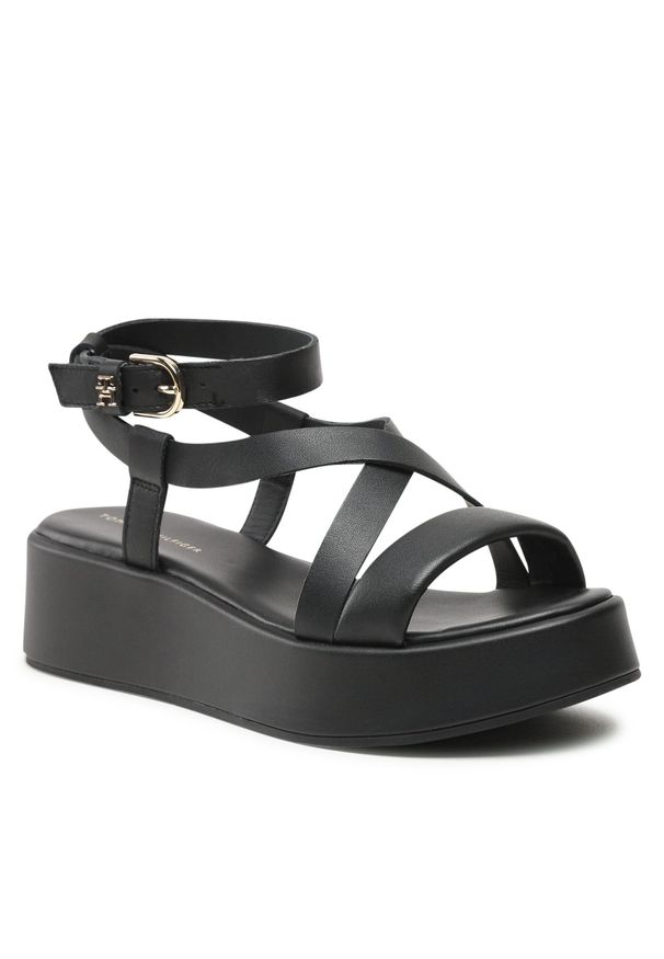 TOMMY HILFIGER - Sandały Tommy Hilfiger New Flatform Strap FW0FW07245 Black BDS. Kolor: czarny. Materiał: skóra