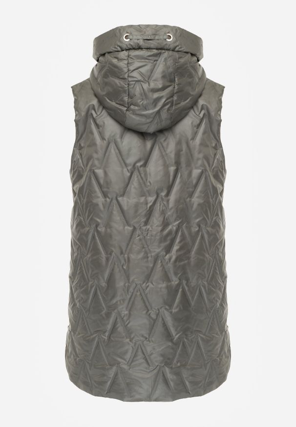 Born2be - Zielona Pikowana Kamizelka o Długim Kroju z Nieodpinanym Kapturem w Romby Dephice. Okazja: na co dzień. Typ kołnierza: kaptur. Kolor: zielony. Materiał: jeans, materiał. Długość: długie. Styl: casual, elegancki