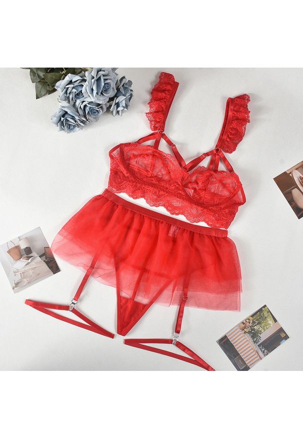 Intica - Komplet bielizny tiulowej z koronką na wyjątkowe okazje Alise. Kolor: czerwony. Materiał: tiul, koronka. Wzór: koronka