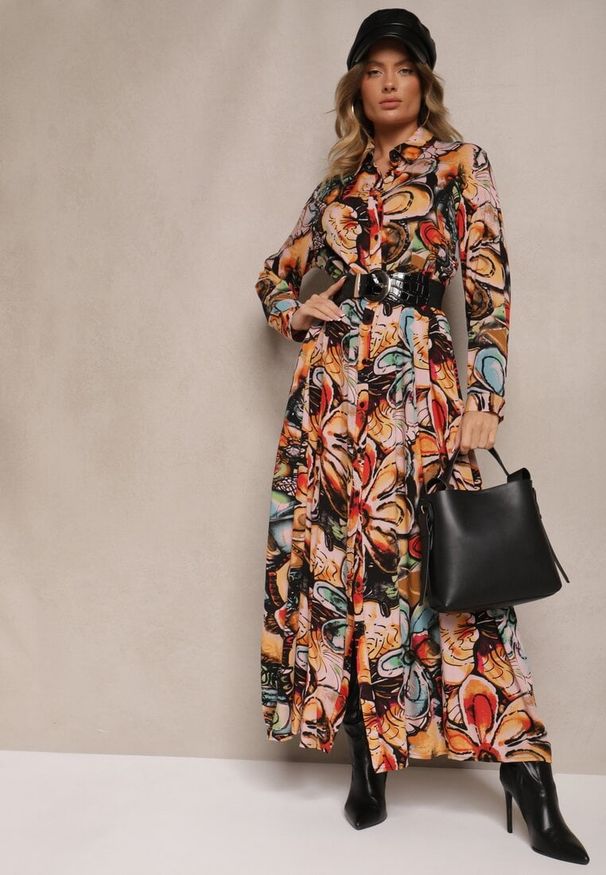 Renee - Granatowo-Pomarańczowa Wiskozowa Sukienka Koszulowa w Kwiaty z Guzikami przy Rękawach Enayira. Okazja: na co dzień. Kolor: niebieski. Materiał: wiskoza. Długość rękawa: długi rękaw. Wzór: kwiaty. Typ sukienki: koszulowe. Styl: casual, elegancki