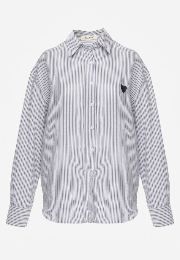 Born2be - Niebieska Koszula z Bawełną w Paski Ozdobiona Haftem Sercem Sewriva. Okazja: na co dzień. Typ kołnierza: kołnierzyk klasyczny. Kolor: niebieski. Materiał: bawełna. Wzór: aplikacja, haft, paski. Styl: casual, klasyczny