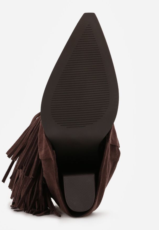 Born2be - Brązowe Botki Typu Kowbojki na Obcasie z Wywiniętą Cholewką i Frędzlami Uemiris. Okazja: na co dzień. Kolor: brązowy. Materiał: jeans, skóra. Szerokość cholewki: normalna. Wzór: gładki. Obcas: na obcasie. Styl: casual. Wysokość obcasa: średni