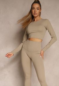Renee - Beżowy Komplet Sportowy Legginsy i Top Typu Longsleeve Dorotia. Kolor: beżowy. Materiał: skóra #3