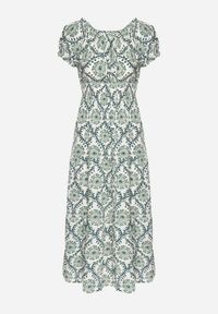 Born2be - Zielona Sukienka z Bawełną i Bufiastymi Rękawami Revilee. Okazja: na co dzień, na spacer. Kolor: zielony. Materiał: bawełna. Wzór: aplikacja. Styl: casual, elegancki #4