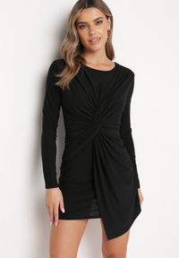 Born2be - Czarna Asymetryczna Sukienka z Ozdobnym Supełkiem i Drapowaniem Acantha. Kolor: czarny. Typ sukienki: asymetryczne. Styl: wizytowy #4
