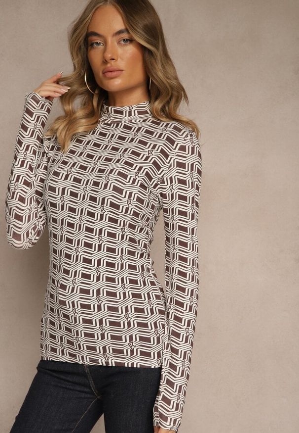 Renee - Biało-Brązowa Bluzka Longsleeve z Golfem z Bawełny w Geometryczny Print Zadanevia. Okazja: na co dzień, na spacer. Typ kołnierza: golf. Kolor: biały. Materiał: bawełna. Długość rękawa: długi rękaw. Wzór: geometria, nadruk. Styl: casual, elegancki