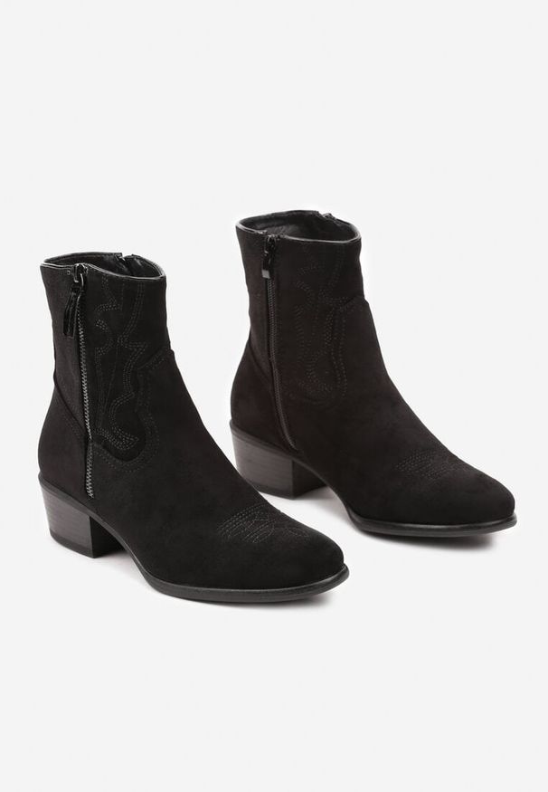 Born2be - Czarne Botki na Obcasie w Stylu Kowbojek z Ozdobnym Suwakiem Reathirae. Kolor: czarny. Obcas: na obcasie. Styl: elegancki. Wysokość obcasa: średni