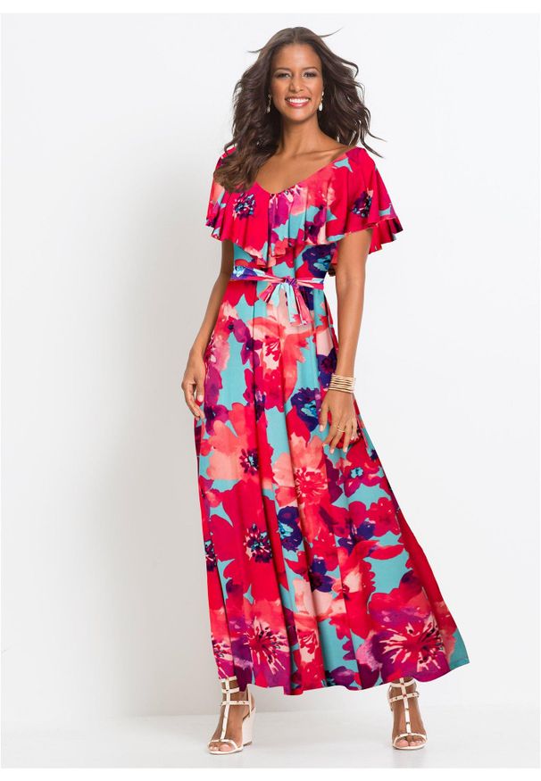 bonprix - Długa sukienka z falbaną i paskiem. Kolor: niebieski. Materiał: jersey. Długość: maxi