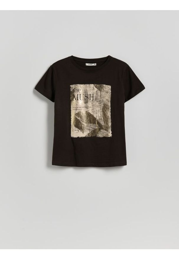 Reserved - T-shirt z nadrukiem - ciemnobrązowy. Kolor: brązowy. Materiał: bawełna, dzianina. Wzór: nadruk. Styl: klasyczny