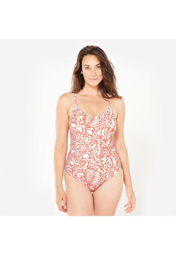 Decathlon - Strój jednoczęściowy pływacki damski Nabaiji 100 Lila Poly. Kolor: pomarańczowy