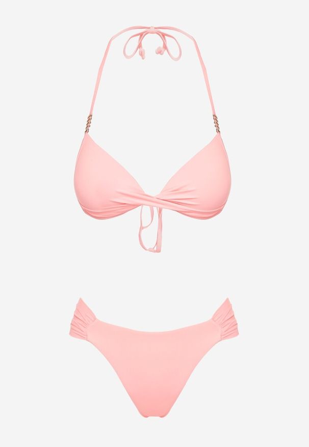Renee - Różowe Bikini Wiązany Biustonosz Push Up i Majtki Typu Figi Mirisenia. Kolor: różowy. Wzór: aplikacja