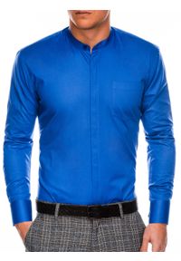 Ombre Clothing - Koszula męska elegancka z długim rękawem K586 - niebieska - S. Typ kołnierza: kołnierzyk stójkowy. Kolor: niebieski. Materiał: materiał, bawełna, poliester. Długość rękawa: długi rękaw. Długość: długie. Wzór: jednolity. Styl: elegancki #4