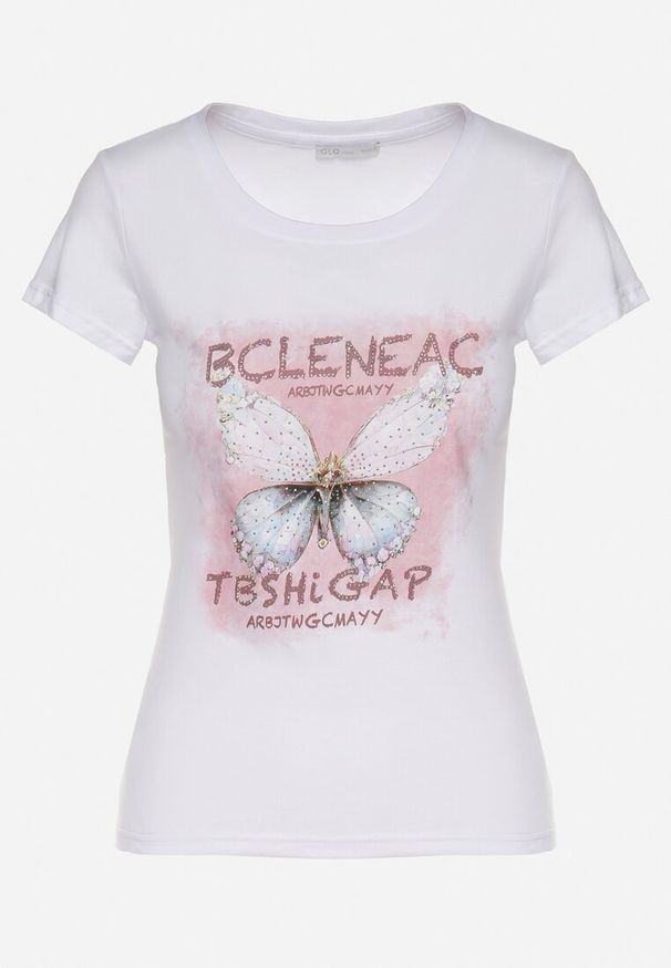 Born2be - Biały Bawełniany T-shirt z Nadrukiem Motyla i Cyrkoniami Uliriela. Okazja: na co dzień. Kolor: biały. Materiał: bawełna. Wzór: nadruk. Sezon: lato. Styl: klasyczny, casual