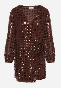 Born2be - Brązowa Kopertowa Sukienka z Wiązaniem Zdobiona Cekinami Wedelessa. Okazja: na sylwestra. Typ kołnierza: dekolt w serek. Kolor: brązowy. Materiał: futro, poliester. Wzór: aplikacja. Typ sukienki: kopertowe. Styl: klasyczny #6