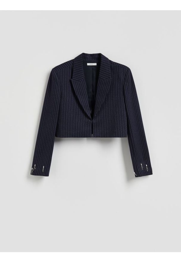 Reserved - Krótka marynarka z aplikacjami - granatowy. Kolor: niebieski. Materiał: tkanina, wiskoza. Długość: krótkie. Wzór: aplikacja