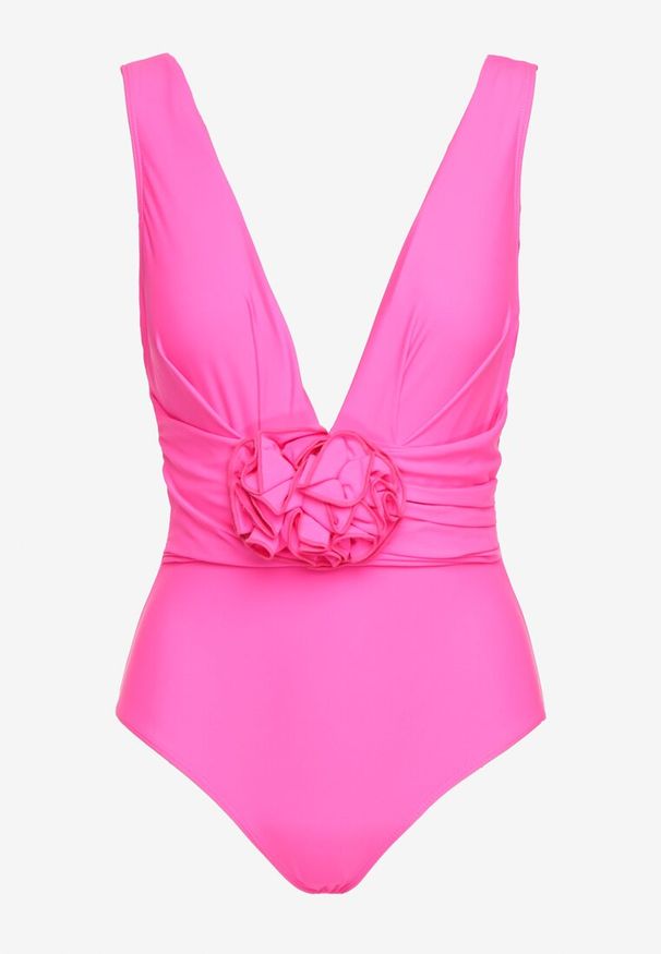 Renee - Fuksjowy Strój Kąpielowy Jednoczęściowy Ozdobiony Aplikacją Kwiatu 3D z Usztywnieniem Seliris. Kolor: różowy. Wzór: kwiaty, aplikacja